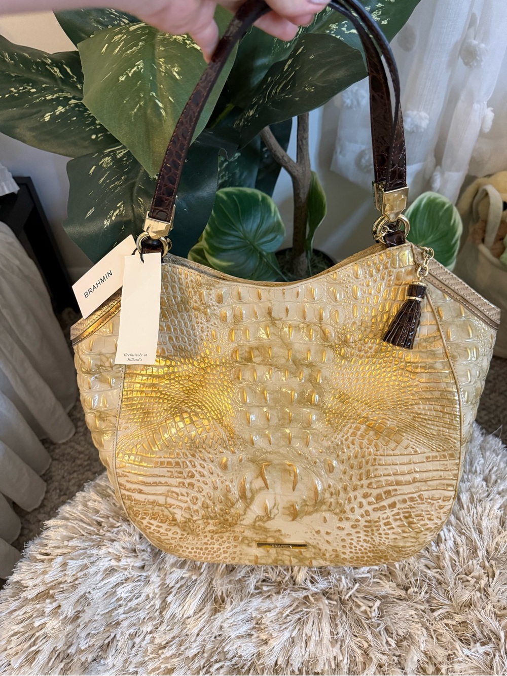 NWT Brahmin Leather Gold Croc-Embossed Shoulder Bag